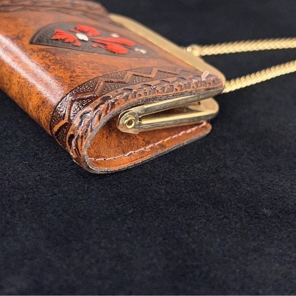 HANDMADE TOOLED LEATHER COIN PURSE GOLD CHAIN PAINTED FLEUR DE LIS WESTERN - Picture 10 of 14